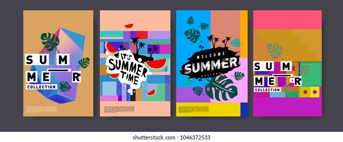 Summer holiday colorful poster set. Fashion and travel discount. Vector holiday Abstract colorful illustration with tropical and abstract elements.