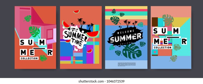 Summer holiday colorful poster set. Fashion and travel discount. Vector holiday Abstract colorful illustration with tropical and abstract elements.