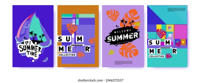 Summer holiday colorful poster set. Fashion and travel discount. Vector holiday Abstract colorful illustration with tropical and abstract elements.