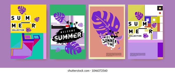 Summer holiday colorful poster set. Fashion and travel discount. Vector holiday Abstract colorful illustration with tropical and abstract elements.