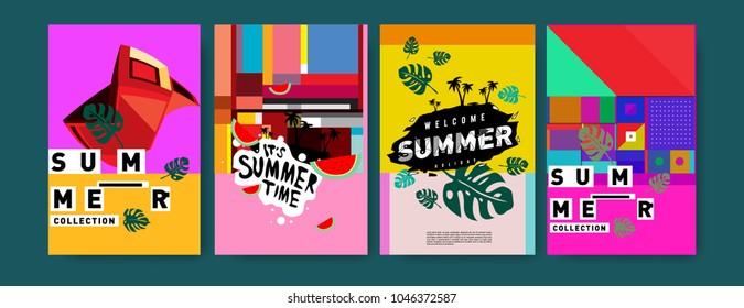 Summer holiday colorful poster set. Fashion and travel discount. Vector holiday Abstract colorful illustration with tropical and abstract elements.