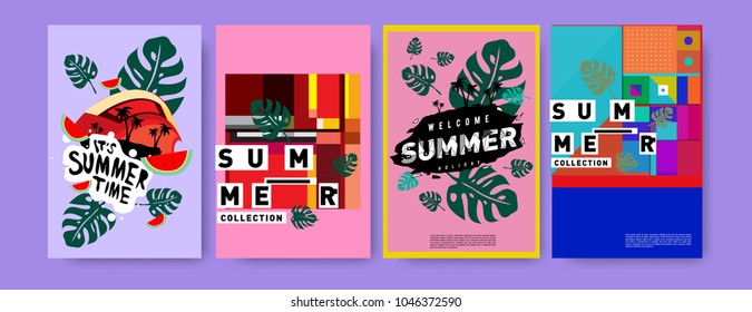 Summer holiday colorful poster set. Fashion and travel discount. Vector holiday Abstract colorful illustration with tropical and abstract elements.