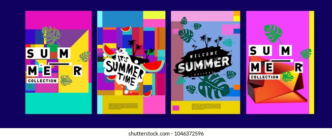 Summer holiday colorful poster set. Fashion and travel discount. Vector holiday Abstract colorful illustration with tropical and abstract elements.