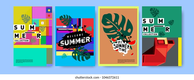 Summer holiday colorful poster set. Fashion and travel discount. Vector holiday Abstract colorful illustration with tropical and abstract elements.