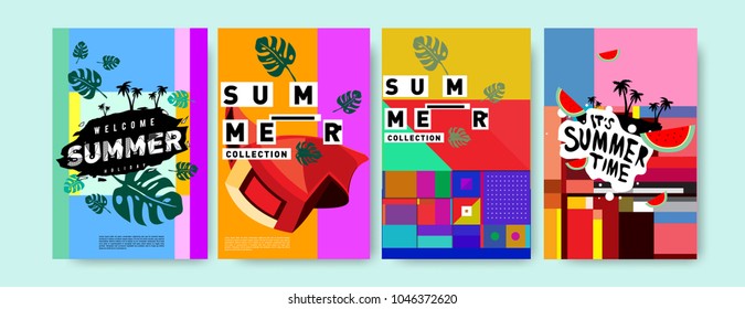 Summer holiday colorful poster set. Fashion and travel discount. Vector holiday Abstract colorful illustration with tropical and abstract elements.