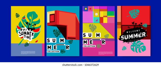 Summer holiday colorful poster set. Fashion and travel discount. Vector holiday Abstract colorful illustration with tropical and abstract elements.