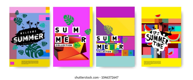 Summer holiday colorful poster set. Fashion and travel discount. Vector holiday Abstract colorful illustration with tropical and abstract elements.