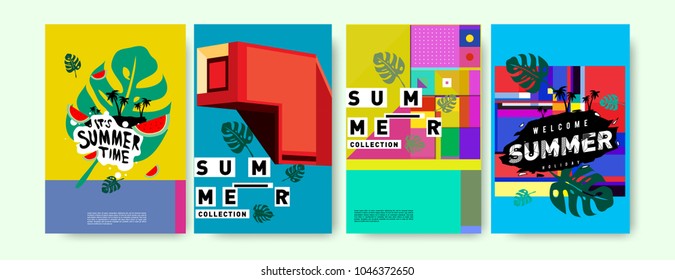 Summer holiday colorful poster set. Fashion and travel discount. Vector holiday Abstract colorful illustration with tropical and abstract elements. - Shutterstock ID 1046372650