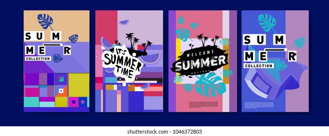 Summer holiday colorful poster set. Fashion and travel discount. Vector holiday Abstract colorful illustration with tropical and abstract elements.