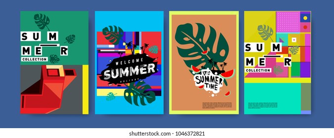 Summer holiday colorful poster set. Fashion and travel discount. Vector holiday Abstract colorful illustration with tropical and abstract elements.