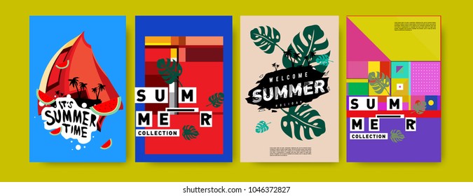 Summer holiday colorful poster set. Fashion and travel discount. Vector holiday Abstract colorful illustration with tropical and abstract elements.