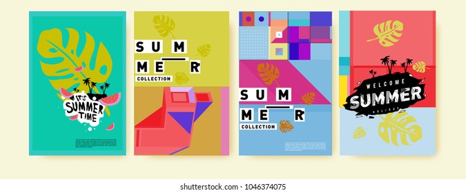 Summer holiday colorful poster set. Fashion and travel discount. Vector holiday Abstract colorful illustration with tropical and abstract elements.
