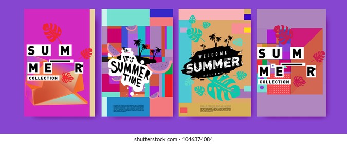 Summer holiday colorful poster set. Fashion and travel discount. Vector holiday Abstract colorful illustration with tropical and abstract elements.