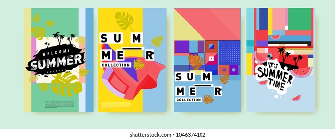 Summer holiday colorful poster set. Fashion and travel discount. Vector holiday Abstract colorful illustration with tropical and abstract elements.