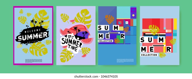 Summer holiday colorful poster set. Fashion and travel discount. Vector holiday Abstract colorful illustration with tropical and abstract elements.