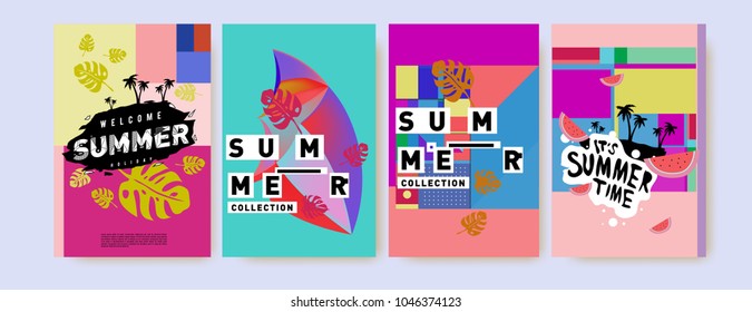 Summer holiday colorful poster set. Fashion and travel discount. Vector holiday Abstract colorful illustration with tropical and abstract elements.