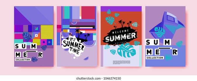 Summer holiday colorful poster set. Fashion and travel discount. Vector holiday Abstract colorful illustration with tropical and abstract elements.