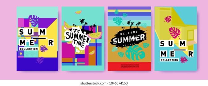 Summer holiday colorful poster set. Fashion and travel discount. Vector holiday Abstract colorful illustration with tropical and abstract elements.