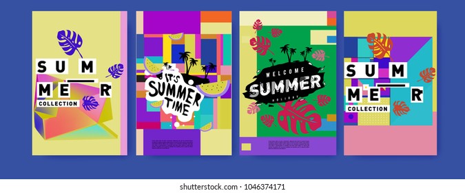 Summer holiday colorful poster set. Fashion and travel discount. Vector holiday Abstract colorful illustration with tropical and abstract elements.