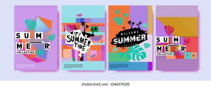 Summer holiday colorful poster set. Fashion and travel discount. Vector holiday Abstract colorful illustration with tropical and abstract elements.