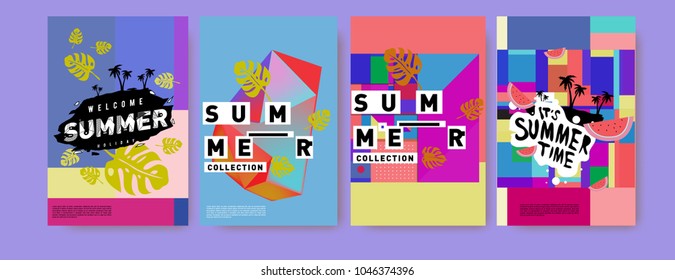 Summer holiday colorful poster set. Fashion and travel discount. Vector holiday Abstract colorful illustration with tropical and abstract elements.