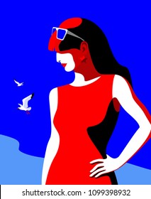 Summer holiday concept. Abstract woman in profile with long hair wearing red dress and sunglasses. Sea background with gulls. Vector illustration