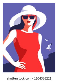 Concepto de vacaciones de verano. Mujer abstracta usando vestido rojo, gran sombrero blanco y gafas de sol, caminando en la playa. Fondo marino con gaviota. Ilustración del vector