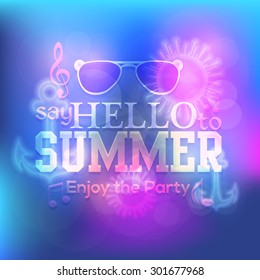 Summer Holiday Concept Badge, Card, Vector Water Colors Blured Background