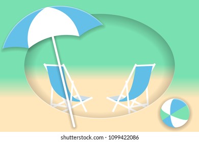 Summer holiday concept. Beach chairs, umbrella and bright ball on the sandy beach. Vector illustration EPS10