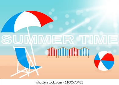 Summer holiday concept. Beach Umbrella, Chair, Bright ball and Beach Huts on the seacoast. Vector illustration EPS10