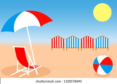 Summer holiday concept. Beach Umbrella, Chair, Bright ball and Beach Huts on the seacoast. Vector illustration EPS10