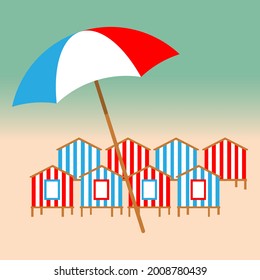 Summer holiday concept. Beach Umbrella and Beach Huts on the seacoast