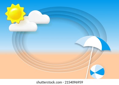 Summer holiday concept. Beach Umbrellal and Bright ball on the seacoast. Sandy beach layered background with realistic objects