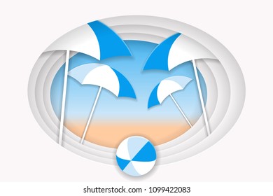 Summer holiday concept. Beach umbrellas and bright ball on the sandy beach. Vector illustration EPS10