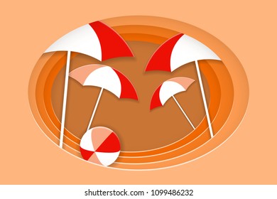 Summer holiday concept. Beach umbrellas and bright ball on the sandy beach. Vector illustration EPS10