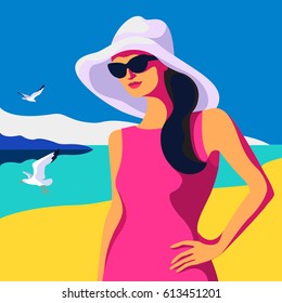 Summer holiday concept. Beautiful young woman wearing pink dress, big white hat and sunglasses walking on the beach. Vector illustration