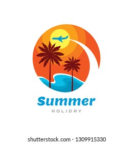 Summer holiday - concept business logo template. Travel vector illustration. Vacation creative sign. Tropical paradise symbol. Airplane, sun, sunset, sky, sea waves, palms, coast. Graphic design.  