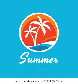 Summer holiday - concept business logo vector illustration in flat style. Tropical paradise creative badge. Palms, island, beach, sunrise, sea wave. Travel webbanner or poster. Graphic design element.