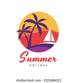 Summer holiday - concept business logo vector illustration in flat style. Tropical paradise creative badge. Palms, island, beach, sunrise, sea wave. Travel webbanner or poster. Graphic design element.