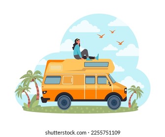 Summer holiday concept. Character relaxing and resting outdoors. Mobile auto vehicles for travel, vacation in campsite, nature. Flat vector illustration