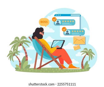 Summer holiday concept. Character relaxing and resting outdoors. CEO managing a company remotely. Flat vector illustration