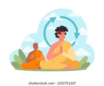 Summer holiday concept. Characters meditating and relaxing outdoors. Yoga class in the morning. Wellbeing and concentration. Flat vector illustration