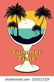 Summer holiday concept design element template background decorative with natural scenery in wine glass flat design style, vector illustration