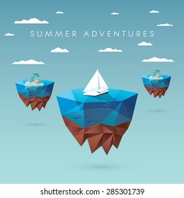 Summer holiday concept design. Low polygonal style with floating islands, yachts, palm trees. Tropical paradise advertisement. Eps10 vector illustration.