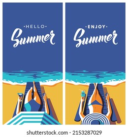 Summer Holiday Concept. Elegant Woman  In Blue Swimwear Sunbathing On The Beach. Sea Background. Vector Illustration