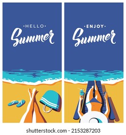 Summer Holiday Concept. Elegant Woman  In Blue Swimwear Sunbathing On The Beach. Sea Background. Vector Illustration