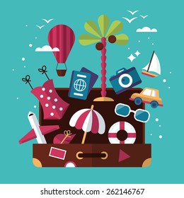 Summer holiday concept with flat modern icons and suitcase