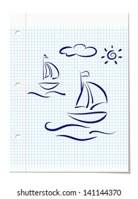 Summer holiday concept. Hand drawing of boats, ocean waves and sun at lined notebook paper sheet. Vector eps10 illustration. Raster file included in portfolio
