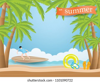 Summer holiday concept with Men are playing surfboard in the blue sea and surfboard,Sandals,Life ring, Snorkel and Paddle under the coconut trees on the beach,vector and illustration.