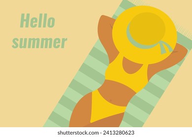 Summer holiday concept on the beach. Hello summer flat illustration with beautiful girl